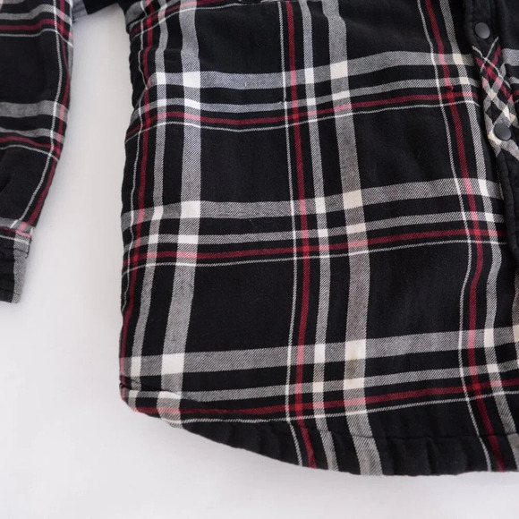 Dickies Black Red Checker Button Up Removable Hood Quilt Stitch Lined Shacket XL - Picture 9 of 15